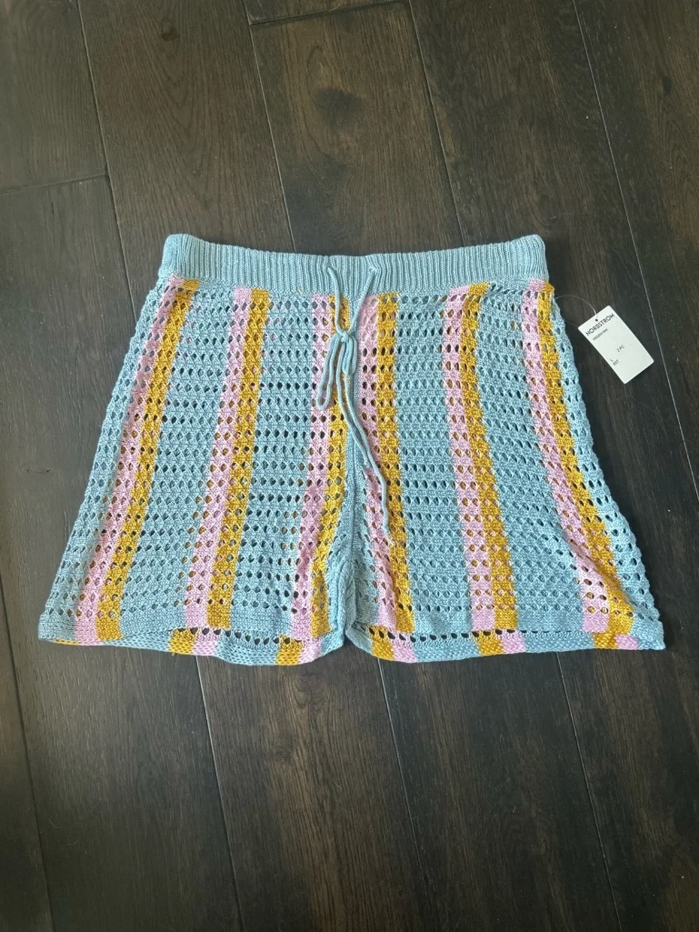 NWT Abound Blue Mustard Boho Open Knit Stripe Crochet Drawstring Shorts